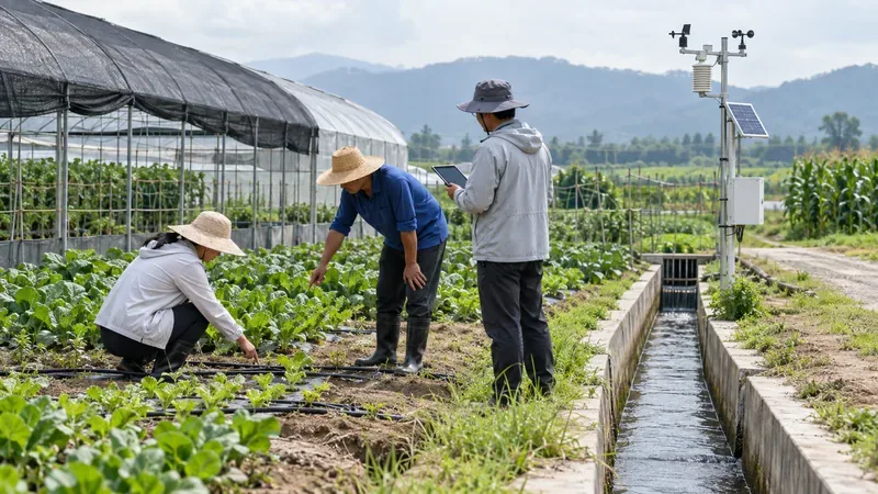 原创概念图:农户与农技人员检查滴灌、排水沟和田间气象设备