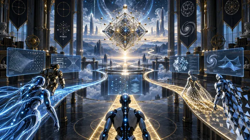原创概念图:多种人工智能沿不同研究路径探索复杂数学结构与未知问题